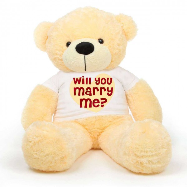 Peach 5 feet Big Teddy Bear wearing a Will You Marry Me T-shirt